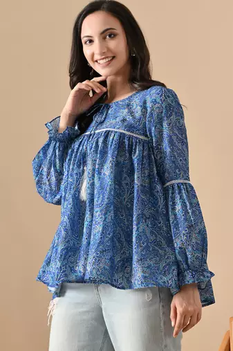 blue printed viscose rayon short kurti