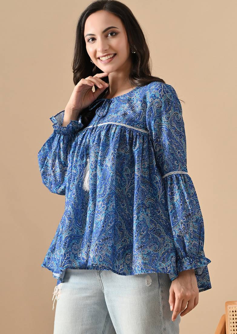 blue printed viscose rayon short kurti