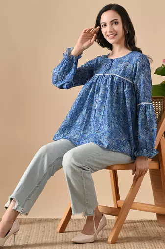 blue printed viscose rayon short kurti