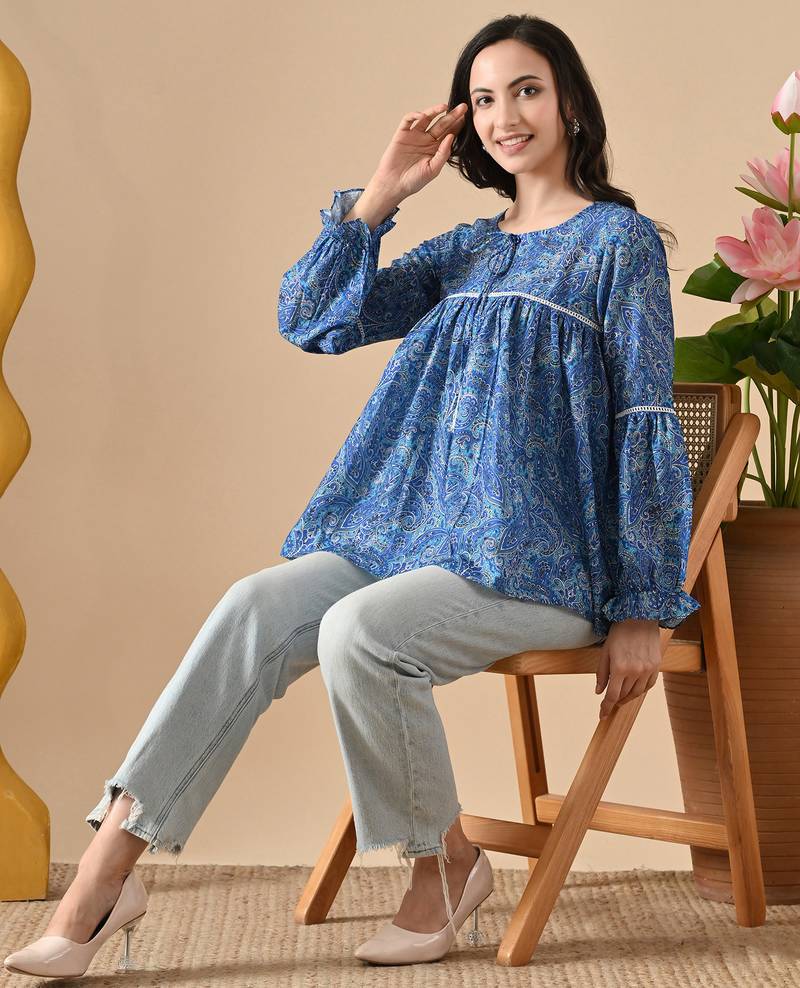 blue printed viscose rayon short kurti