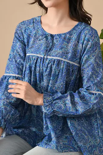 blue printed viscose rayon short kurti