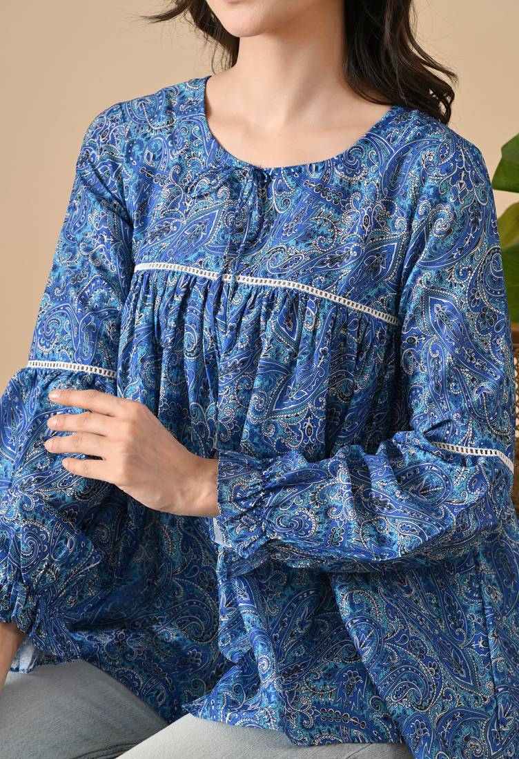 blue printed viscose rayon short kurti