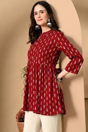 maroon printed viscose rayon short kurti