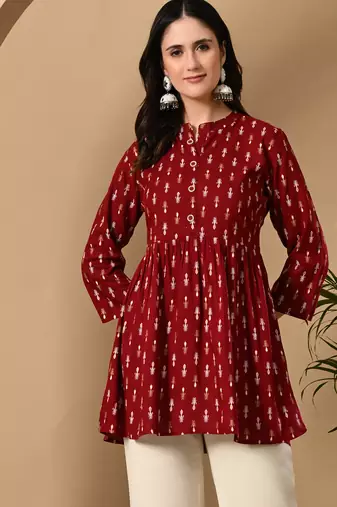 maroon printed viscose rayon short kurti