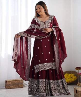 Maroon chinnon silk heavy embroidery work fully pakistani suit 1