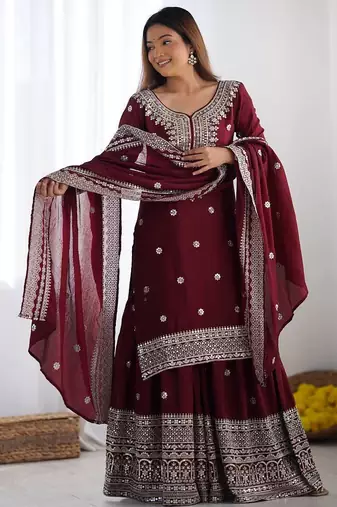 Maroon colour chinnon silk heavy embroidery work fully stitched pakistani suit
