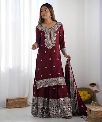 Maroon chinnon silk heavy embroidery work fully pakistani suit 2