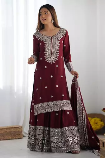 Maroon chinnon silk heavy embroidery work fully pakistani suit