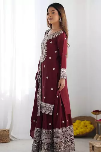 Maroon chinnon silk heavy embroidery work fully pakistani suit
