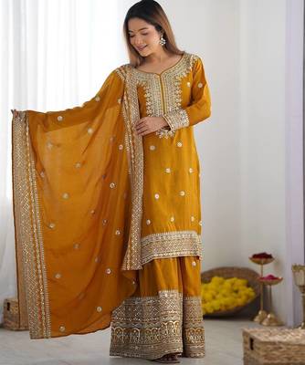 Mustard colour chinnon silk heavy embroidery work fully pakistani suit 2