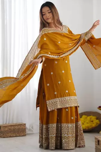 Mustard colour chinnon silk heavy embroidery work fully pakistani suit