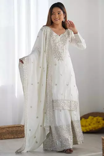 White colour chinnon silk heavy embroidery work fully stitched pakistani suit