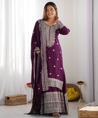 Wine colour chinnon silk heavy embroidery work fully pakistani suit 1