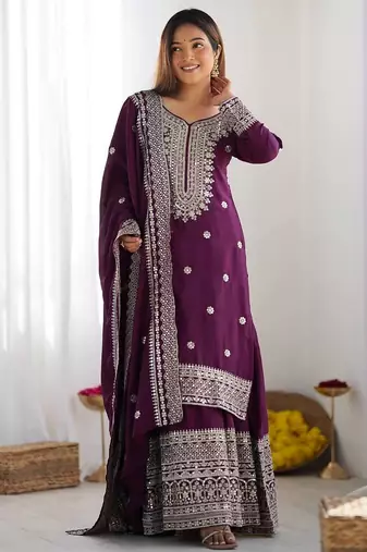 Wine colour chinnon silk heavy embroidery work fully stitched pakistani suit