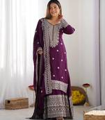 Wine colour chinnon silk heavy embroidery work fully stitched pakistani suit