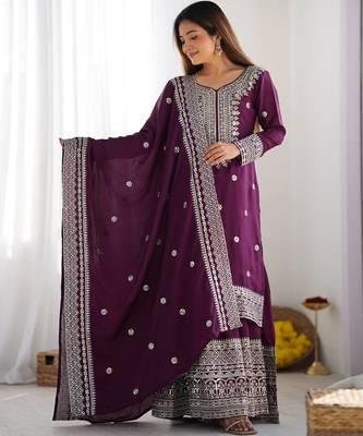 Wine colour chinnon silk heavy embroidery work fully pakistani suit 3