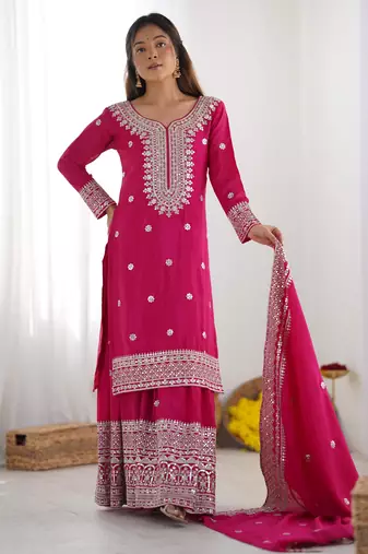 Pink colour chinnon silk heavy embroidery work fully stitched pakistani suit