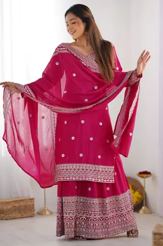 Pink colour chinnon silk heavy embroidery work fully pakistani suit