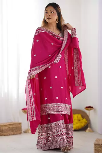 Pink colour chinnon silk heavy embroidery work fully pakistani suit