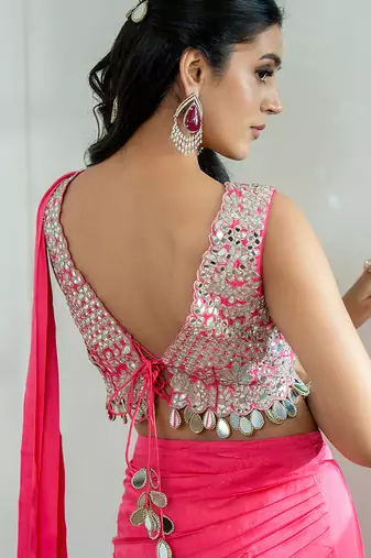 Pink plain georgette saree