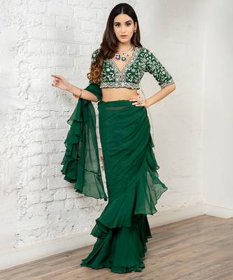 Green plain organza saree 1