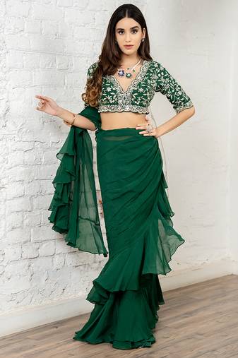 Green plain organza saree