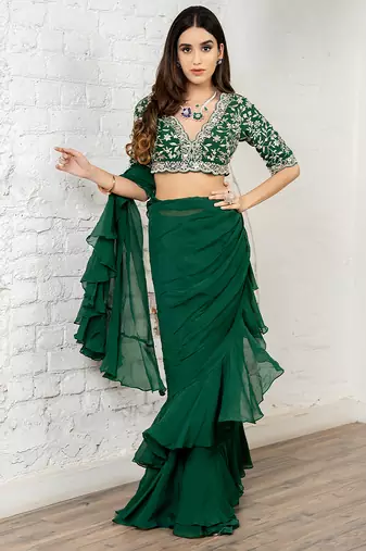 Green plain organza saree