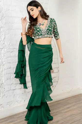Green plain organza saree