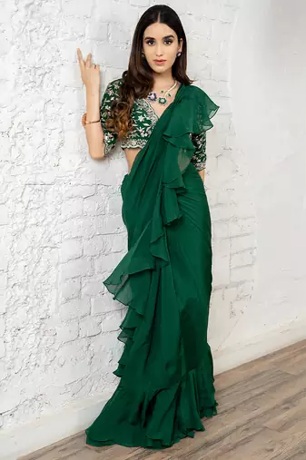 Green plain organza saree