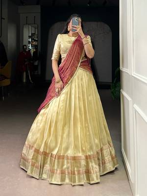 Yellow Zari Weaving Dupion Silk Lehenga Set,Elegant Traditional Style With Stitched Blouse & Dupatta 1