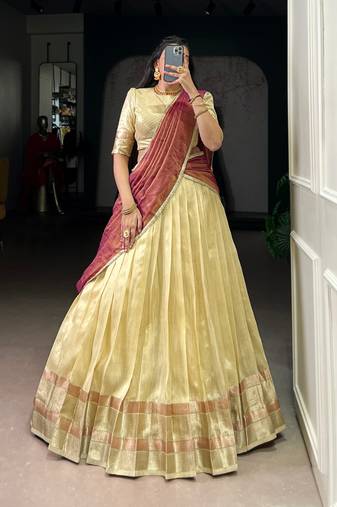 Yellow Zari Weaving Dupion Silk Lehenga Set,Elegant Traditional Style With Stitched Blouse & Dupatta