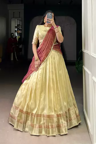 Yellow Zari Weaving Dupion Silk Lehenga Set,Elegant Traditional Style With Stitched Blouse & Dupatta