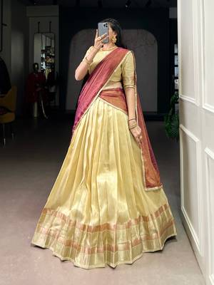Yellow Zari Weaving Dupion Silk Lehenga Set,Elegant Traditional Style With Stitched Blouse & Dupatta 2