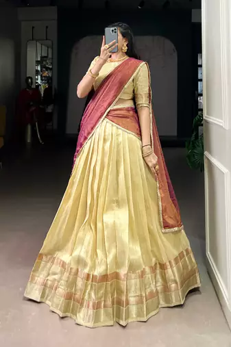 Yellow Zari Weaving Dupion Silk Lehenga Set,Elegant Traditional Style With Stitched Blouse & Dupatta