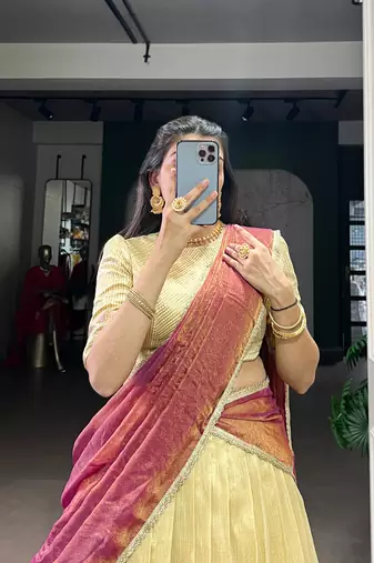 Yellow Zari Weaving Dupion Silk Lehenga Set,Elegant Traditional Style With Stitched Blouse & Dupatta