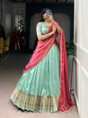 Sky blue Zari Weaving Dupion Silk Lehenga Set 1