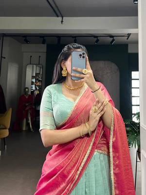 Sky blue Zari Weaving Dupion Silk Lehenga Set 3