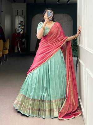 Sky blue Zari Weaving Dupion Silk Lehenga Set 4