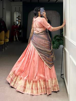 Light Pink Zari Weaving Dupion Silk Lehenga Set 3