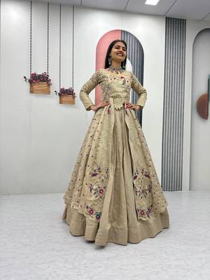 Cream Vichitra Silk Heavy Thread Sequins Work Lehenga Set 1