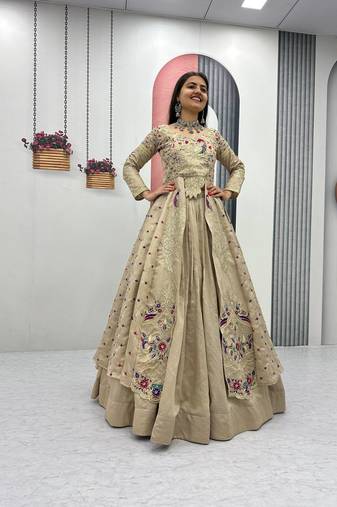 Cream Vichitra Silk Heavy Thread Sequins Work Lehenga Set