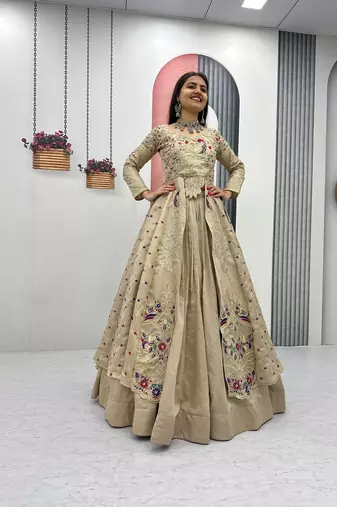 Cream Vichitra Silk Heavy Thread Sequins Work Lehenga Set