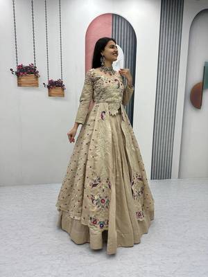 Cream Vichitra Silk Heavy Thread Sequins Work Lehenga Set 2
