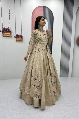 Cream Vichitra Silk Heavy Thread Sequins Work Lehenga Set