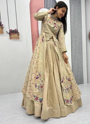 Cream Vichitra Silk Heavy Thread Sequins Work Lehenga Set 3