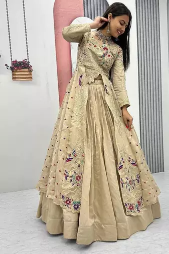 Cream Vichitra Silk Heavy Thread Sequins Work Lehenga Set
