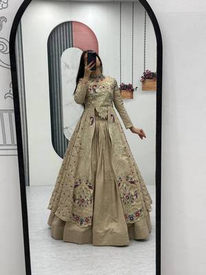 Cream Vichitra Silk Heavy Thread Sequins Work Lehenga Set 4