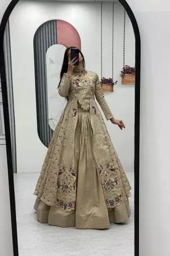 Cream Vichitra Silk Heavy Thread Sequins Work Lehenga Set