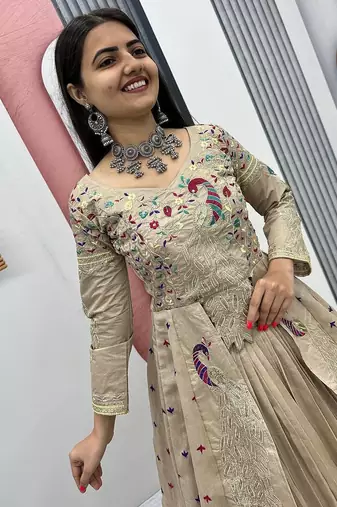 Cream Vichitra Silk Heavy Thread Sequins Work Lehenga Set