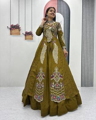 Olive Green Vichitra Silk Heavy Thread Sequins Work Lehenga Set 1